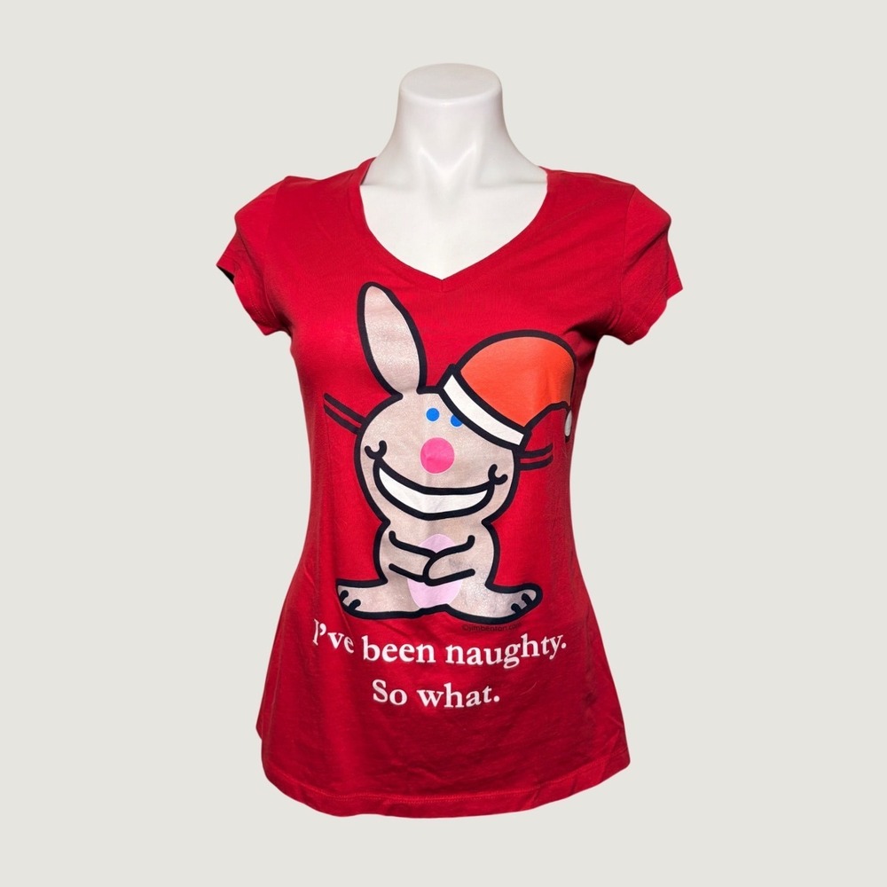 Y2K Its Happy Bunny Red Scene Graphic T-Shirt Santa Hat Naughty So What #15